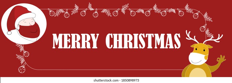 Santa and rain deer useing face mask Christmas banner on red background with light and leaf decoration, handdrawing vector illustration.