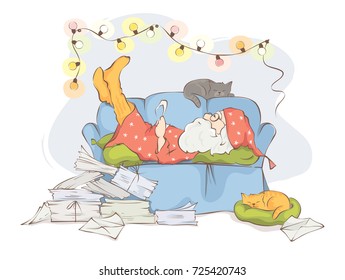 Santa reading a letter / Santa Claus on the couch in my pajamas with cats