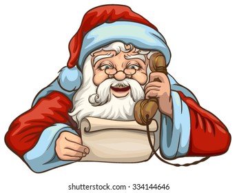 Santa reading letter and talking on phone. Isolated on white vector illustration