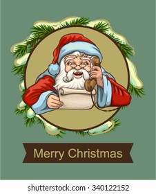 Santa reading letter and talking on phone. Template greeting card. Illustration in vector format