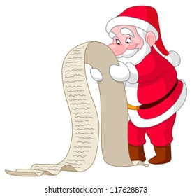 Santa reading a long Christmas wish list