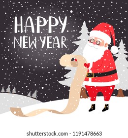 Santa reading long presents list in a forest, Happy new year greeting card, vector illustration