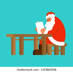 Santa reading mail. Claus and message. Xmas letter from children. New Year and Christmas Vector illustration