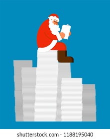Santa reading mail on Pile of letters. Claus and message. Xmas letter from children. New Year and Christmas Vector illustration