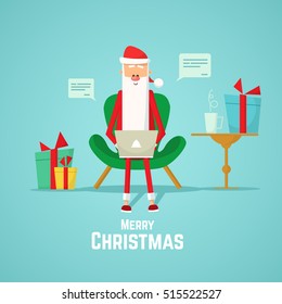 Santa receives mail from kids. Santa Claus sits in a chair with a laptop. Christmas card with Santa