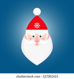 Santa in red cap. Merry Christmas. Santa Claus on blue background, vector illustration