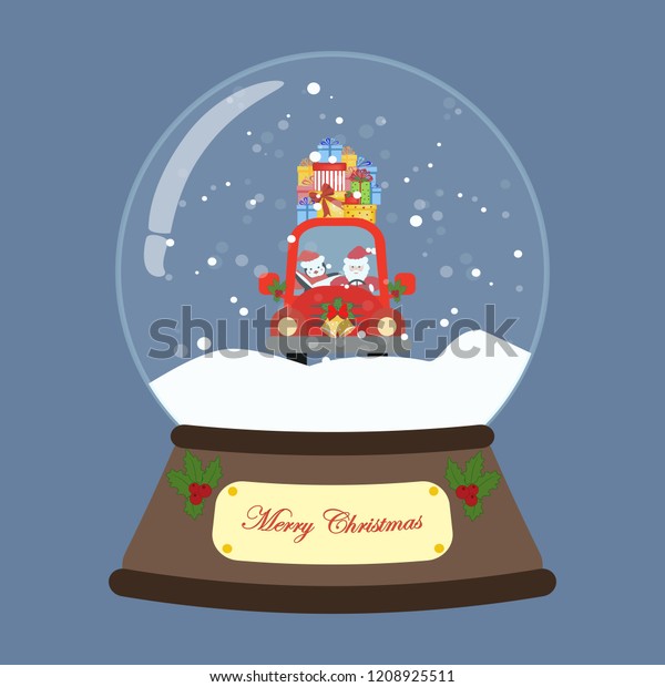 Santa in red car in snow globe on the blue\
background. Vector\
illustration