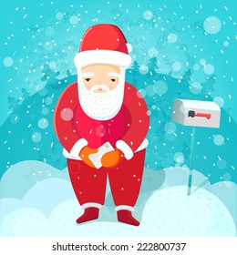 Santa in red costume holds letter stands near postbox at blue snow background with xmas trees. Flat style illustration.