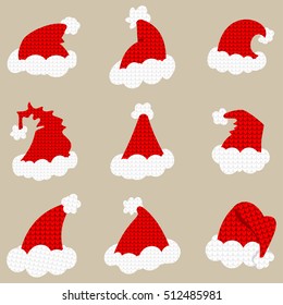 Santa red hat isolated on background. Vector set. Crochet pattern.