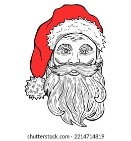 Weihnachtsmann in roter Hutlinie Kunst. Handgezeichnete Vektorgrafik Weihnachtsgrafik.