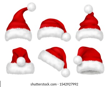 Santa red hat. Party fur christmas traditional velvet hat vector realistic images