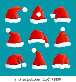 Santa red hats. Christmas funny caps. Santa clothes warm hat. Isolated vector set. Hat fluffy of collection santa claus accessory illustration