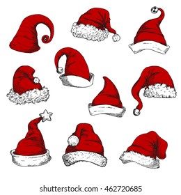 Santa red hats set. New Year and Christmas decoration elements. Vector sketch icons