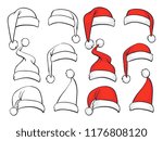 Santa red hats with white fur and ink sketch set. Isolated Christmas holiday vector decoration illustration