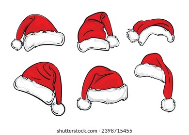 Santa red hats with white fur and ink sketch set. Isolated Christmas holiday vector decoration illustration. For logos, advertising, flyers. etc.