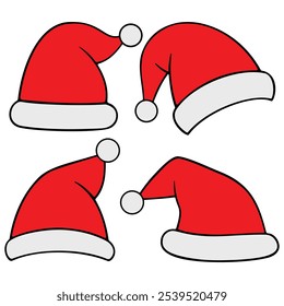 Santa red hats with white fur. Isolated Christmas holiday vector decoration