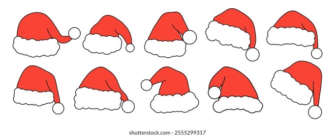 Santa red hats with white fur. Isolated Christmas holiday vector decoration