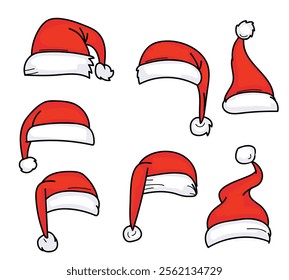 Santa red hats with white fur, isolated on a white background, perfect for Christmas holiday decorations.