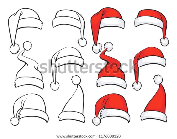 白い毛皮とインクスケッチセットを持つサンタ赤い帽子 クリスマスホリデーのベクター画像デコレーションイラスト のベクター画像素材 ロイヤリティフリー
