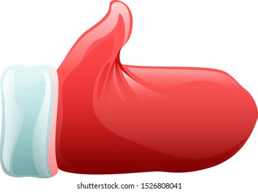 Santa red mitten show like. Santa glove hold thumb up symbol ok. Isolated on white vector cartoon illustration