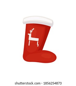 Santa red sock with pattern of deer in flat style isolated on white. Traditional decoration toy with fur for winter holiday, single object vector icon