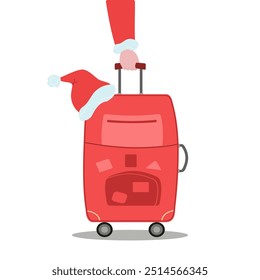 Santa red suitcase with stamps of different countries, Christmas vacation trip. Santa hat. New Year, Christmas. Isolated background.