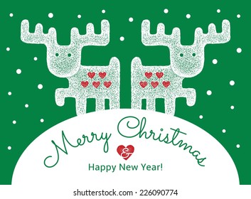Santa Rein deers. hand-drawn vector greeting card. text: Merry Christmas & Happy New Year