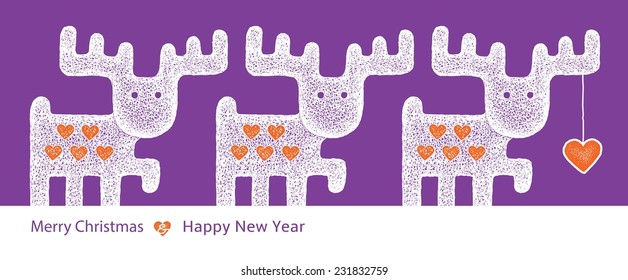 Santa Rein deers. hand-drawn vector greeting card. text: Merry Christmas & Happy New Year