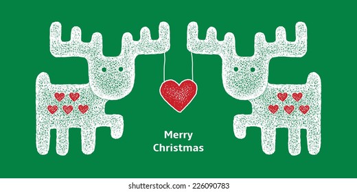 Santa Rein deers with heart decorations on horn. hand-drawn vector greeting card. text: Merry Christmas