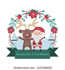 Santa and reindeer banner with floral frame