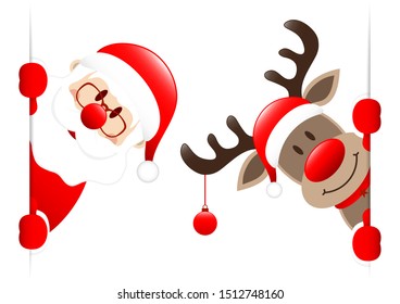 Santa And Reindeer With Bauble Looking Inside Banner