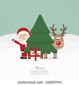 santa and reindeer behind christmas tree snowy background