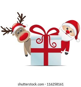 santa and reindeer behind gift box