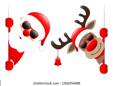 Santa And Reindeer With Bell Sunglasses Looking Inside Banner