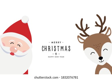 Santa and reindeer cartoon merry christmas greeting white background