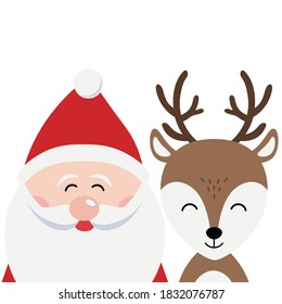 Santa and reindeer cartoon merry christmas card white background