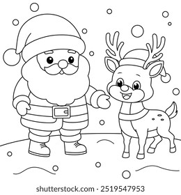 Santa and Reindeer Cartoon Outline Coloring Page. Christmas and Winter Illustration 