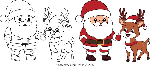 Santa and Reindeer Cartoon Outline Coloring Page. Christmas and Winter Illustration 