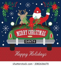 Santa and reindeer in the christmas car, for christmas card. gift bag or box design