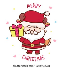 Santa and reindeer Christmas character holding gift baby cartoon. X mas card (happy new year kids) kawaii vector for fairy tale book. Perfect make a wish for celebration party children,princess party.