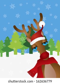 Santa Reindeer with Christmas Red Santa Hat and Scarf on Winter Snow Scene Background Vector Illustration