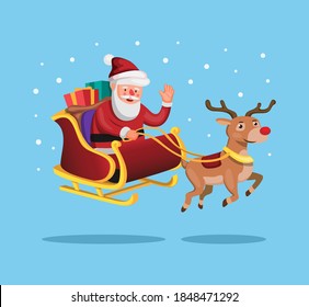Santa and reindeer with christmas sled to deliver gift in cartoon illustration vector