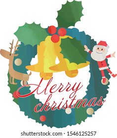 Santa and reindeer christmas wreath illustration