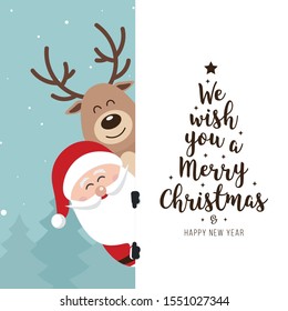 Santa and reindeer cute cartoon with greeting behind white banner winter landscape background. Christmas card
