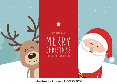 Santa and reindeer cute cartoon with greeting behind red banner sign winter landscape background. Christmas card