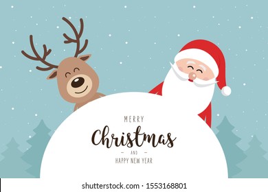 Santa and reindeer cute cartoon winter landscape with greeting snowy background. Christmas card