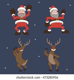 Santa and reindeer dancing in the various poses and having fun