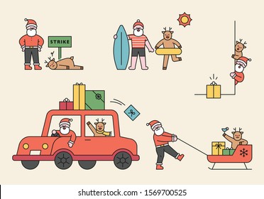 Santa and reindeer delivering gifts for Christmas. flat design style minimal vector illustration.