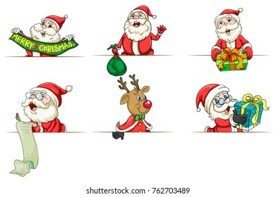 Santa and reindeer in different actions illustration