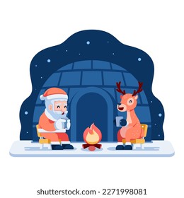 Santa y reno bebiendo té alrededor de una fogata. Feliz Navidad y Feliz Año Nuevo Ilustración.
